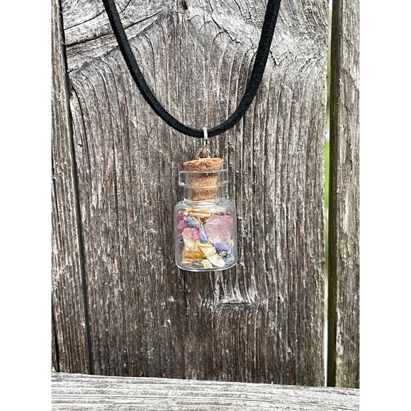 Crystal + Herb Bottle Necklace | Hand Crafted Chamomile + Rose Quartz - Picture 4 of 6